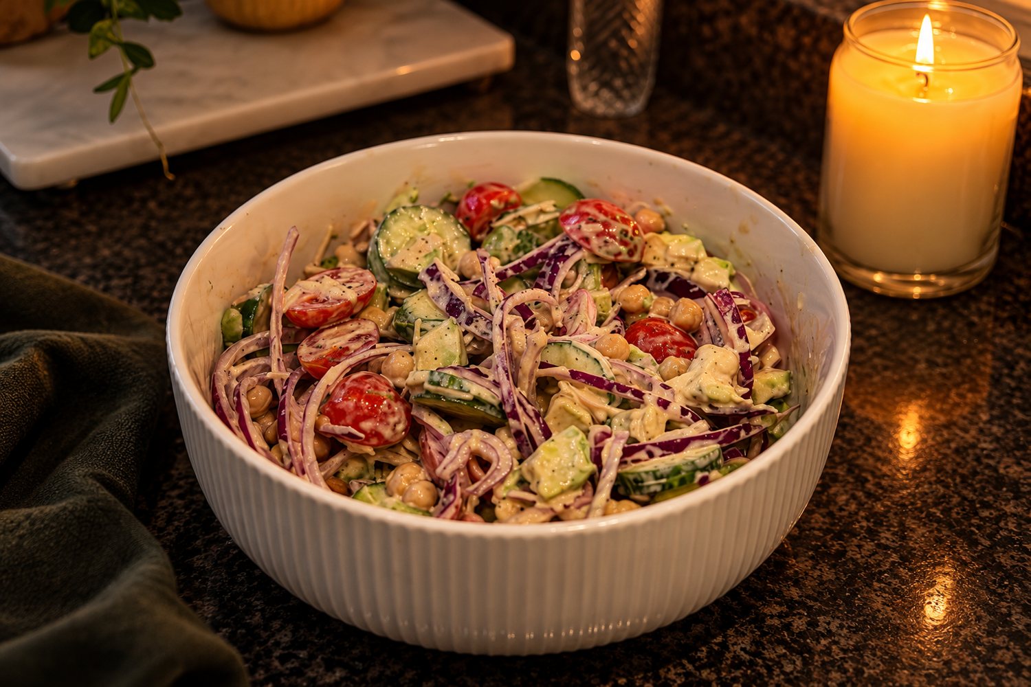 Chickpea, cucumber and tomato salad with homemade dressing
