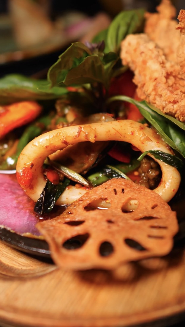 Crispy squid with a lotus chip