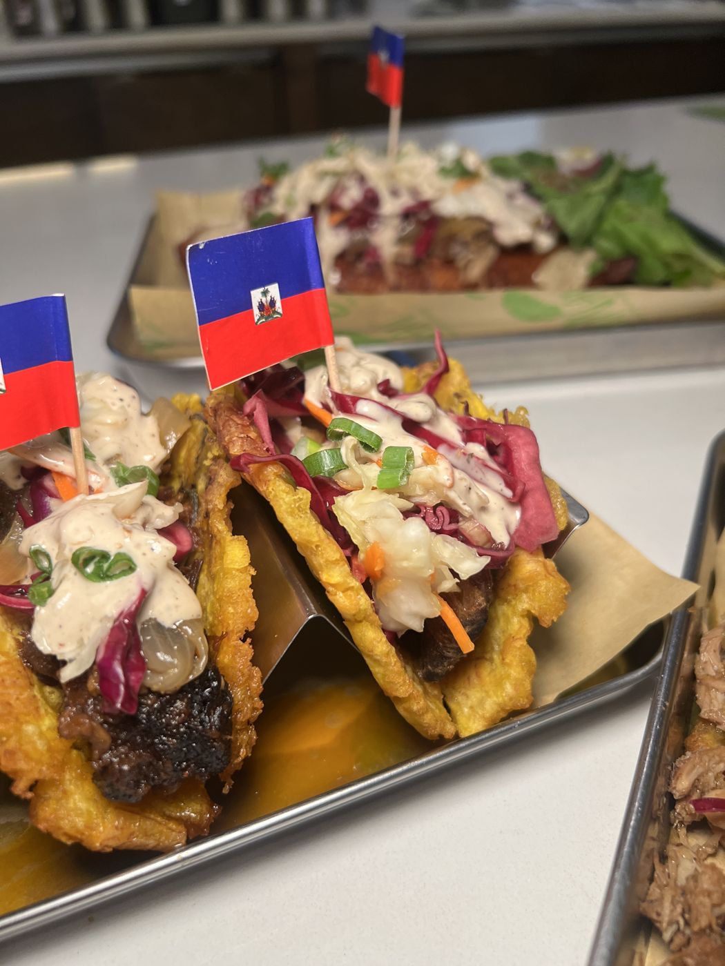 Plantain tacos with Haitian flags